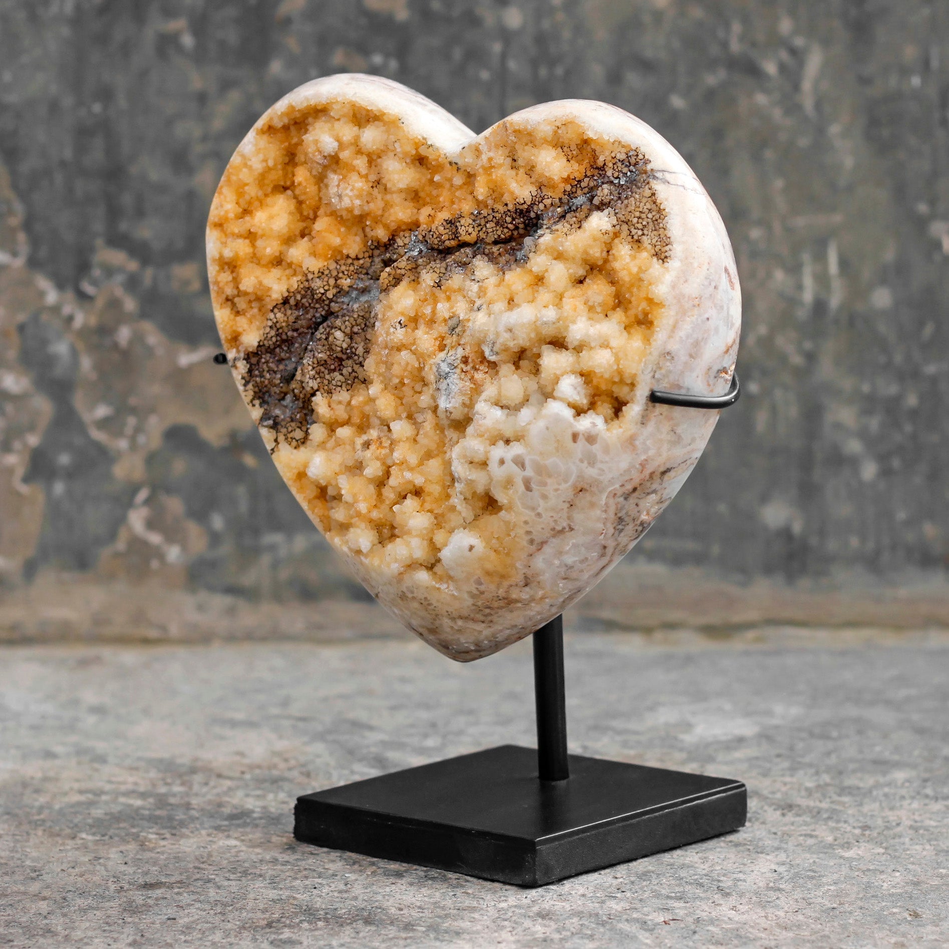 Stunning Heart Shape of Yellow Crystal Rock on a custom stand CH/059