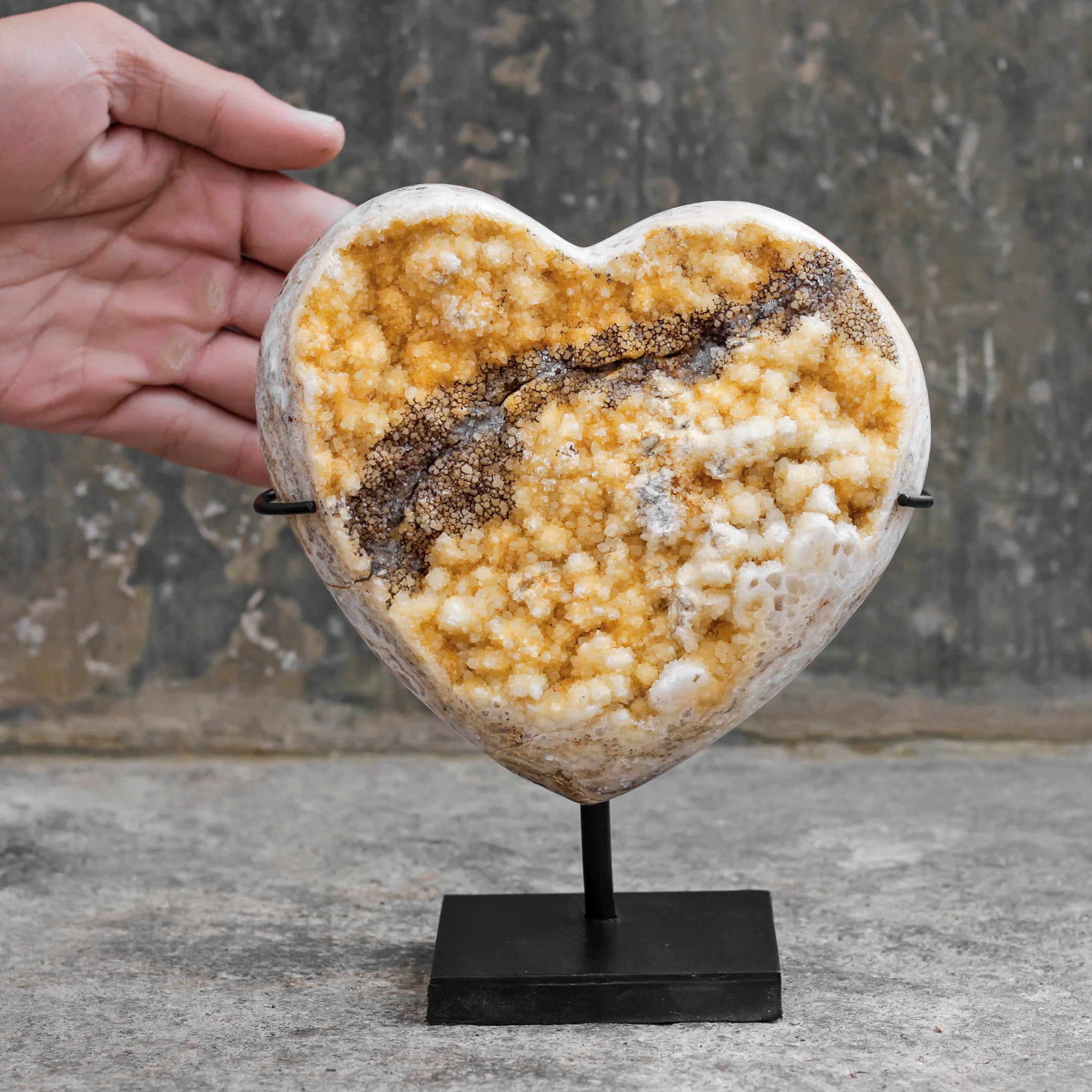 Stunning Heart Shape of Yellow Crystal Rock on a custom stand CH/059