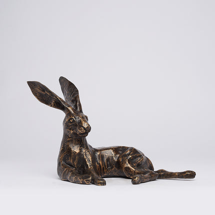 Hare Resting Sculpture Patinated Bronze