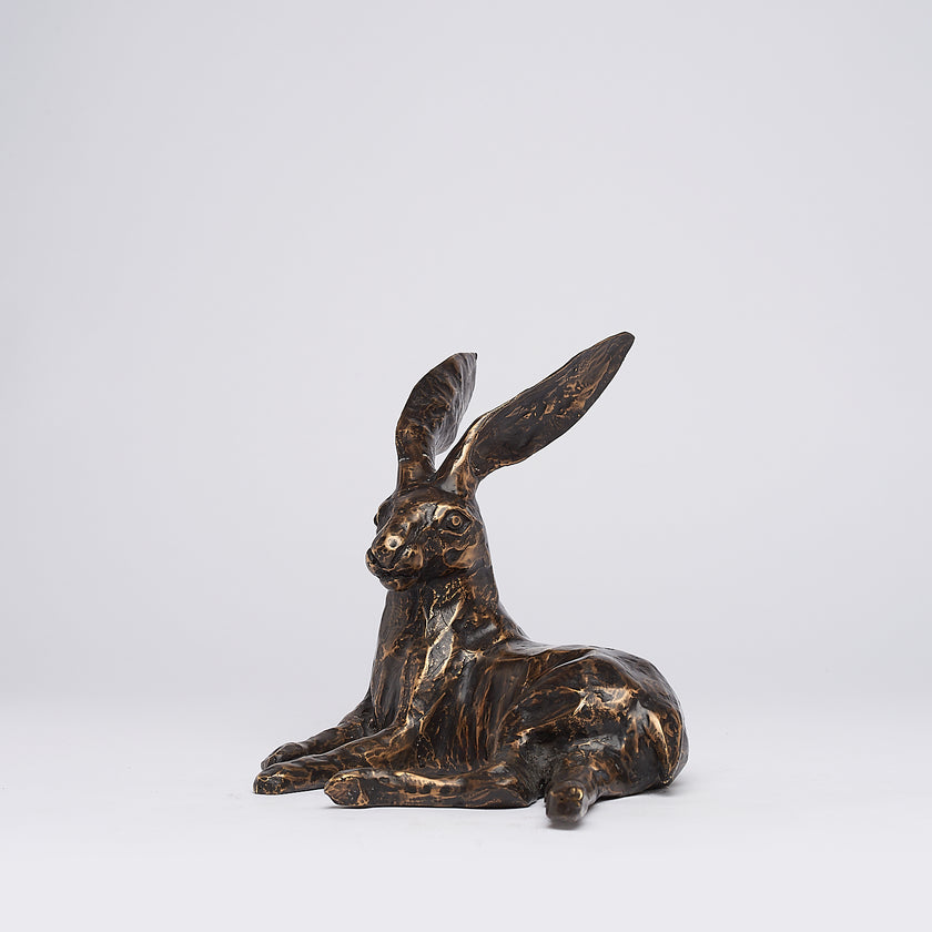 Hare Resting Sculpture Patinated Bronze