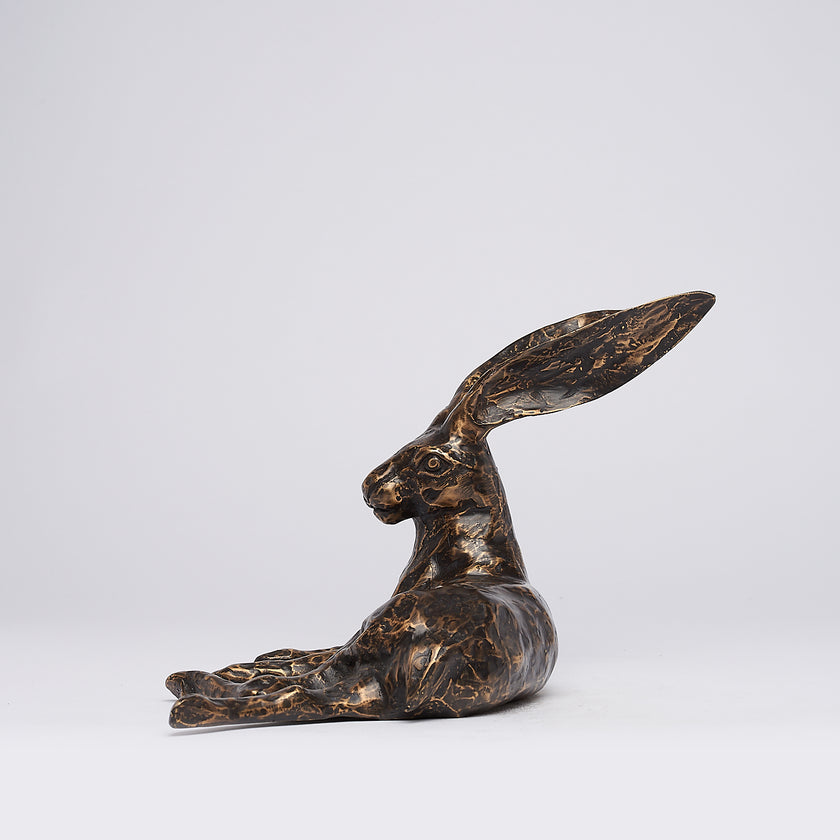 Hare Resting Sculpture Patinated Bronze