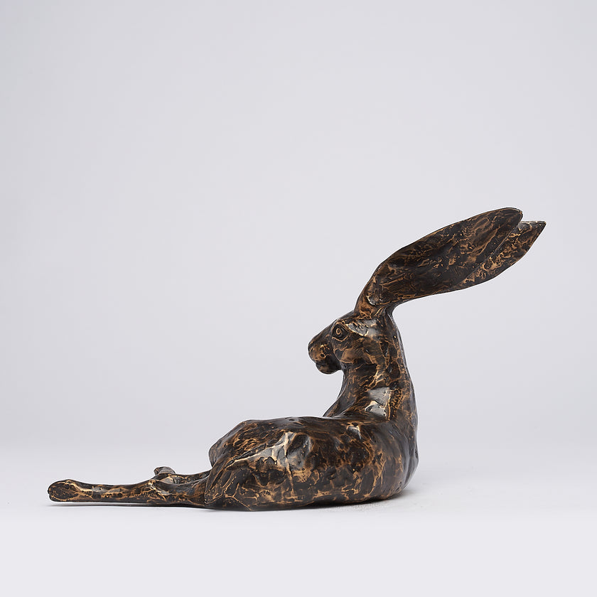 Hare Resting Sculpture Patinated Bronze