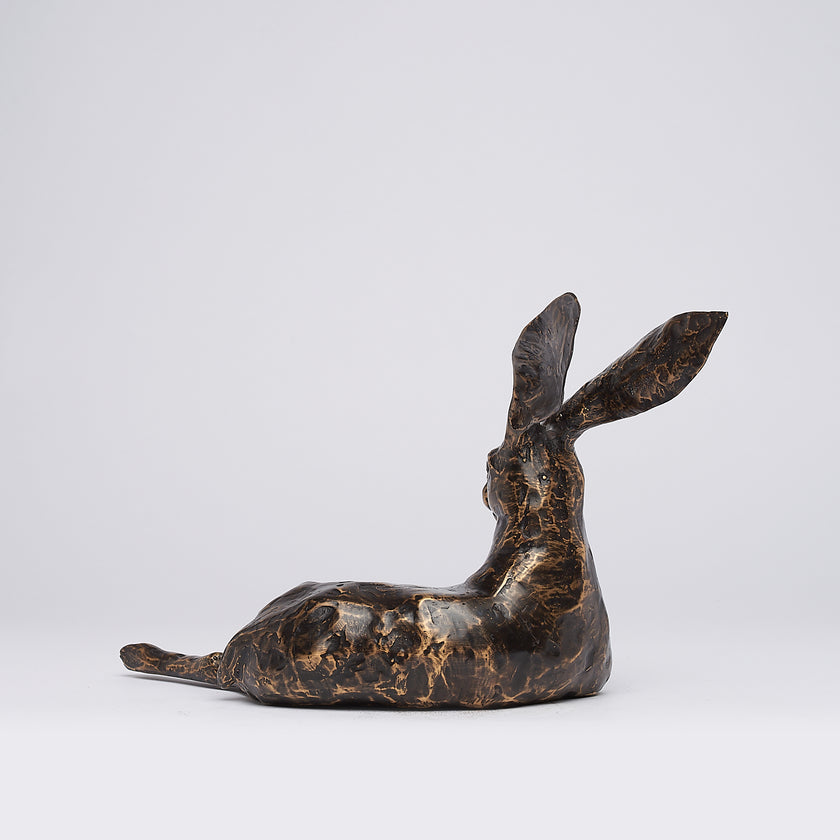 Hare Resting Sculpture Patinated Bronze