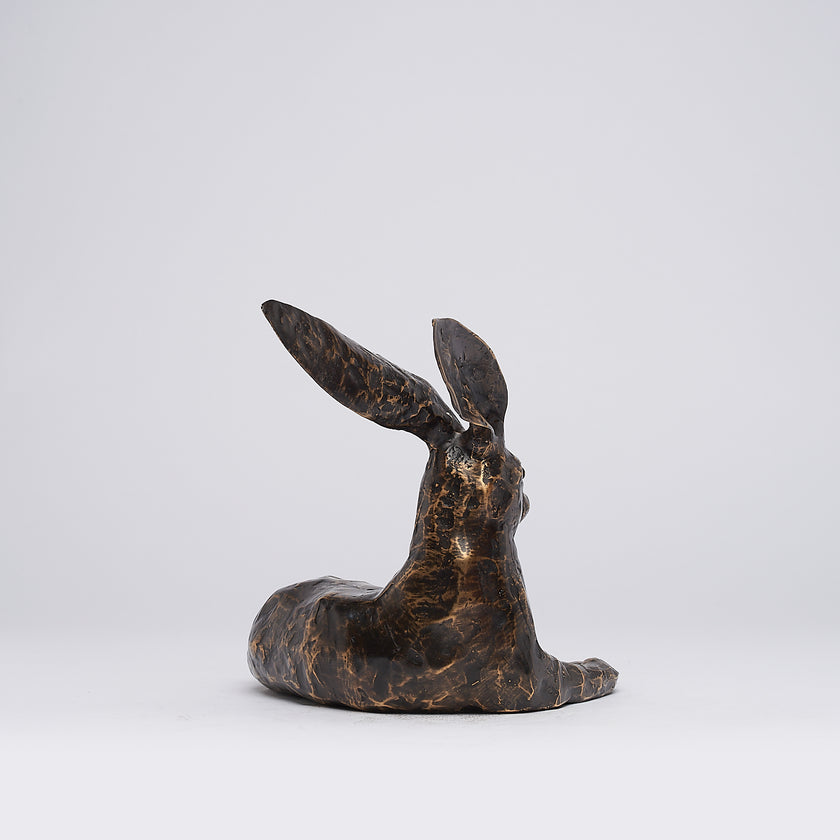 Hare Resting Sculpture Patinated Bronze