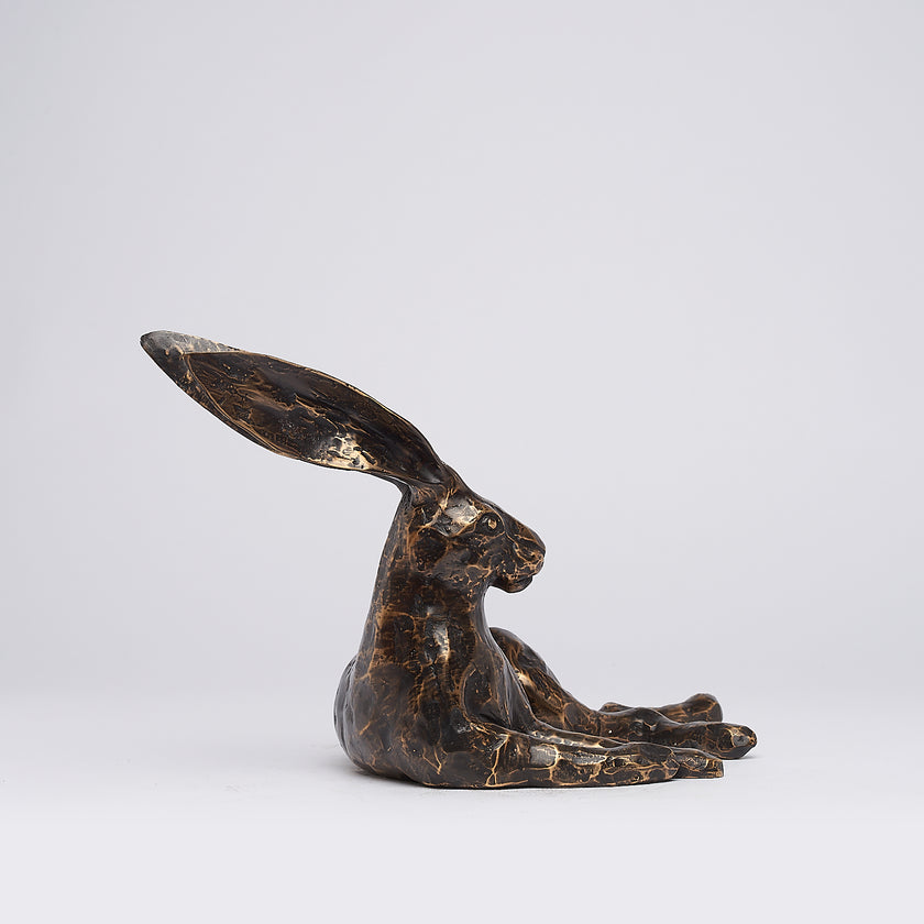 Hare Resting Sculpture Patinated Bronze