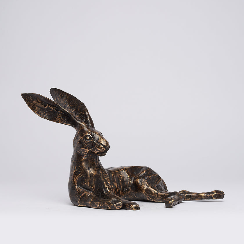 Hare Resting Sculpture Patinated Bronze